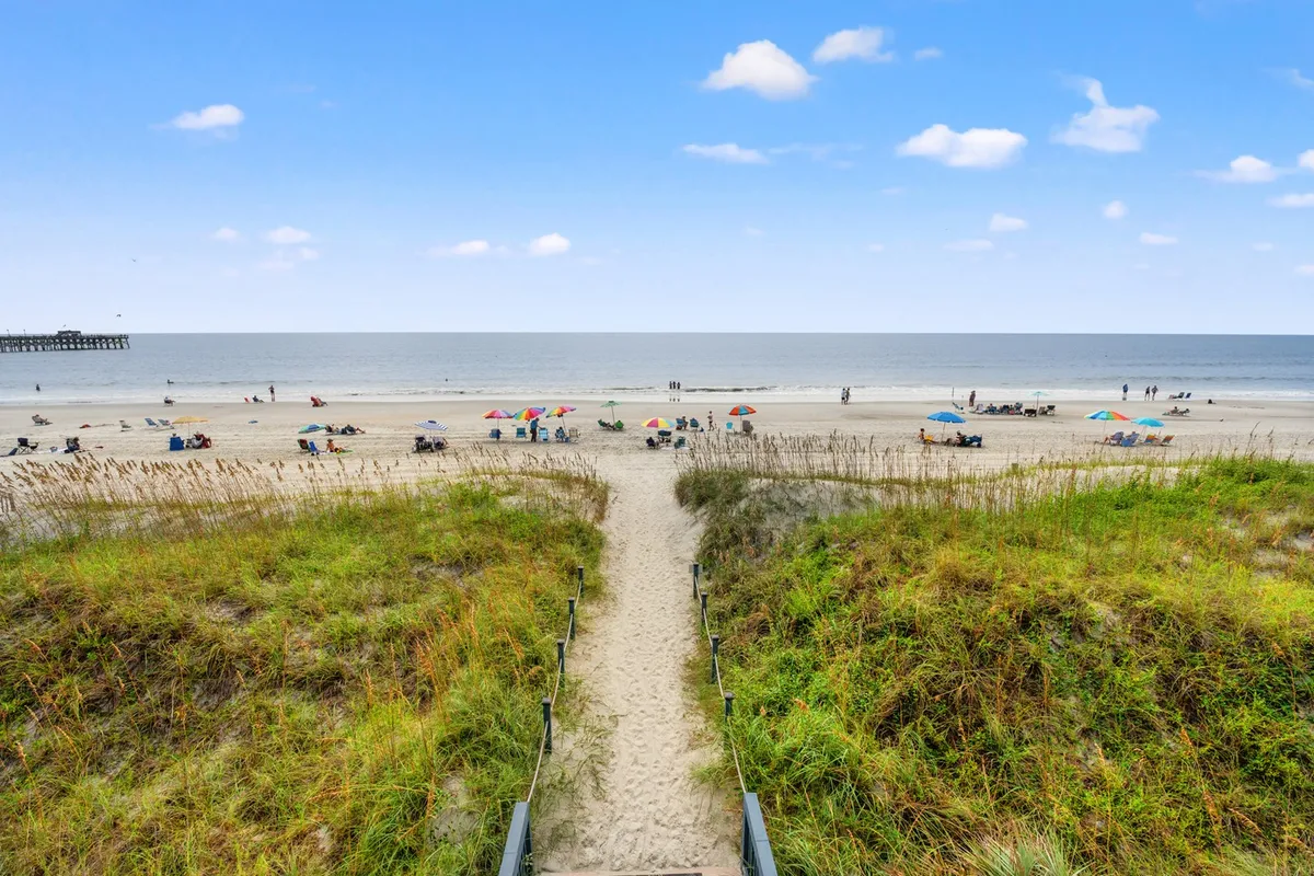 This image captures Myrtle Beach’s golden sands stretching out to the ocean, dotted with colorful umbrellas and families enjoying leisure activities. Dune grass in the foreground connects the beach to the nearby accommodations, while groups of people are seen sunbathing, swimming, playing beach games, and relaxing together.