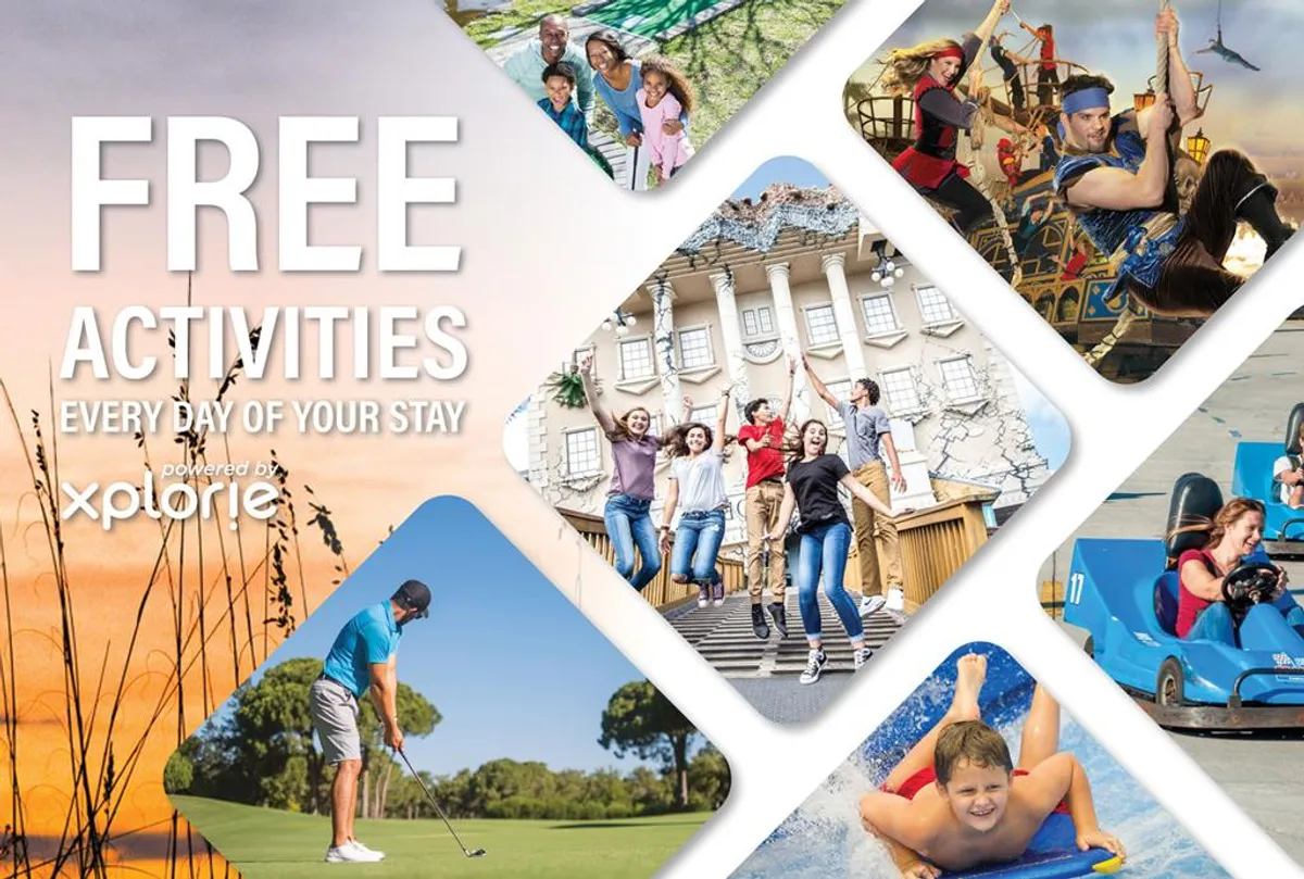The image features diverse families participating in a range of activities, such as golfing, water sports, and visiting themed attractions. The mood is vibrant and joyful, capturing the essence of shared family experiences and the variety of adventures available in the area.